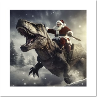 Santa Claus riding T-rex Posters and Art